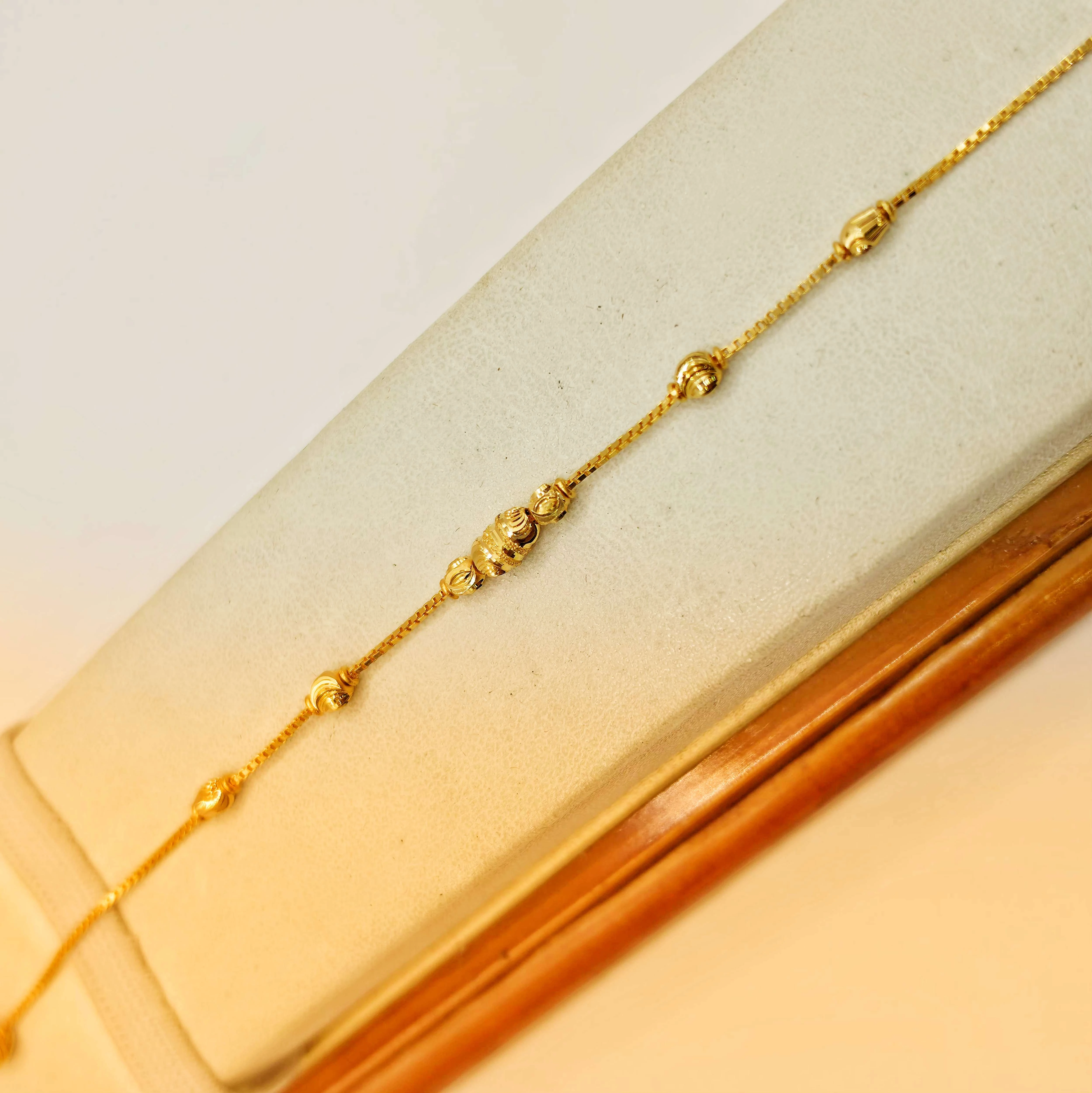 Delicate 22K (916) Gold Sleek Box Chain Mani Bead Bracelet